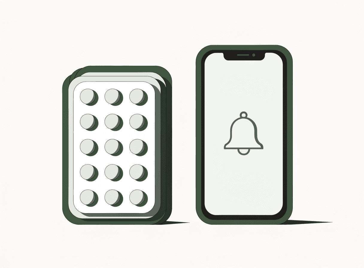 Un paquete de tabletas junto a un celular mostrando una alarma